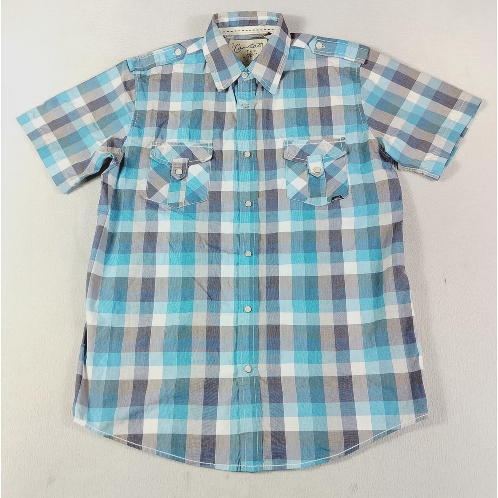 Coastal Shirt Mens Medium Blue Plaid Short Sleeve Western Pearl Snap Casual
